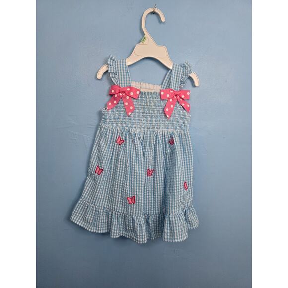 Rare Editions Aqua Check Seersucker Pink Butterfly Dress & Bloomers 12 Months - Picture 3 of 7